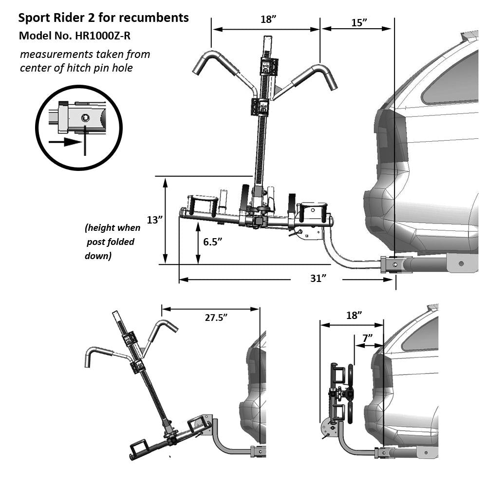 Hollywood Racks Sport Rider 2 Recumbent Bike Hitch Rack - HR1000-R Dimensions