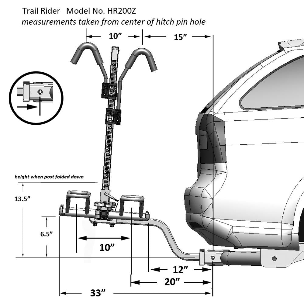 Hollywood Racks Trail Rider Hitch Bike Rack - HR200 From Sprocket Kings Measurements