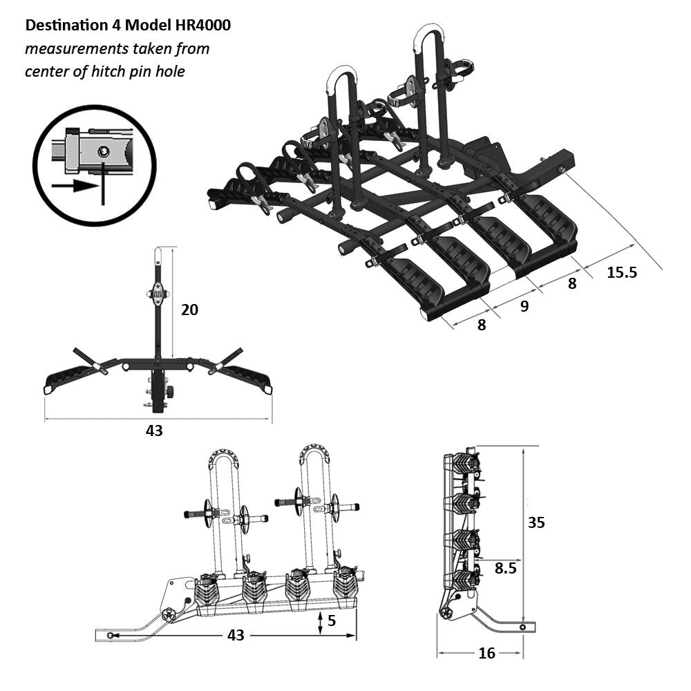 Hollywood Racks Destination 4 Bike Hitch Rack - HR4000 Measurements