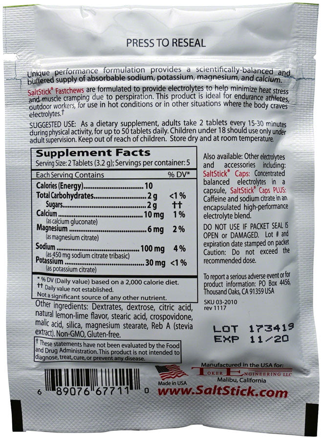 SaltStick Fastchews Electrolyte Tablets Single Pouch Supplement Facts